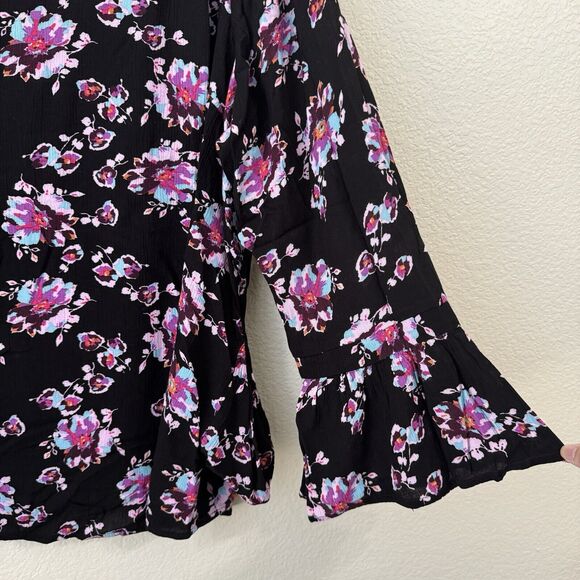 Lane Bryant Blouse Top Womens Size 22 Floral Flare Sleeve Hem Black Pink - Picture 4 of 10